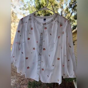 Old Navy White Blouse with Pink and Green Floral Embroidery